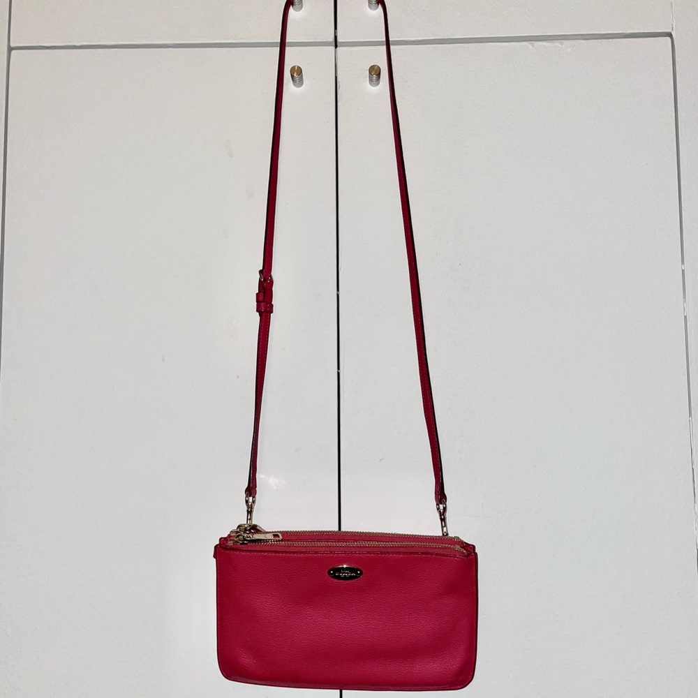 Coach Lyla Double Gusset Pebbled Leather Crossbody in Pink Ruby w/Gold Hardware